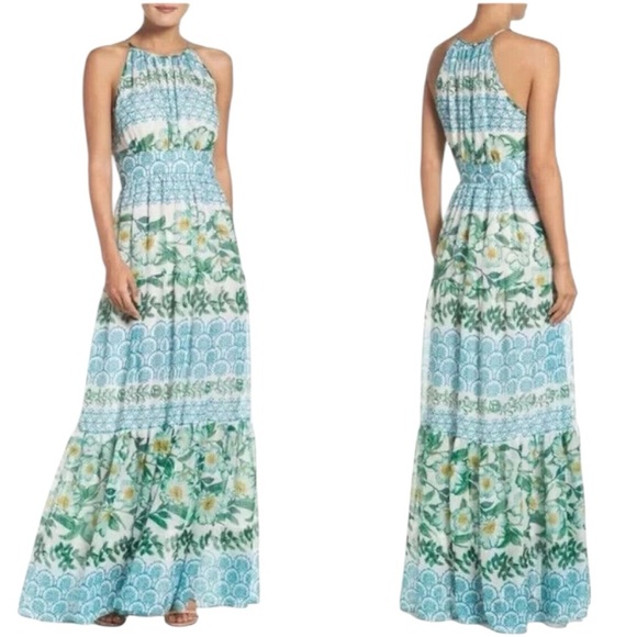 Eliza J Blue and Green Halter Maxi Dress with Ruffled Tiers 4 - Picture 1 of 12